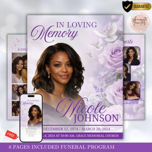 May include: Funeral program design featuring a portrait of a woman, with the text "In Loving Memory" and the name "Nicole Johnson." The design includes lavender roses, doves, and the dates December 12, 1974 - March 20, 2024. The program is advertised as including 8 pages.
