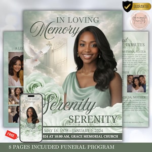 May include: Funeral program with a portrait of a woman, the words "In Loving Memory" and "Serenity" in elegant script. The design includes a dove, roses, and a smartphone mockup. The program is for a memorial service.