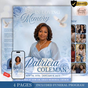 May include: A four-page funeral programme template featuring a light blue floral background with white roses and doves. The cover displays a portrait of Patricia Coleman, the text In Loving Memory, and the dates May 18, 1978 to January 9, 2024.