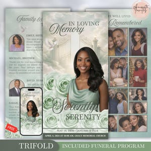 Può includere: Un modello di programma funebre con il ritratto di una persona, rose verde chiaro e uno sfondo a cancello. Il testo include IN LOVING MEMORY, SERENITY, MAY 18, 1978 - JANUARY 9, 2024 e APRIL 6, 2024 AT 10:00 AM, GRACE MEMORIAL CHURCH.