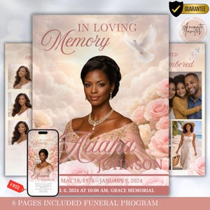 May include: A funeral program design featuring a portrait of a woman, with the text "In Loving Memory" and the name "Ariana Johnson." The design includes floral and dove imagery, with dates and memorial service details. The program is displayed on a phone and printed pages.