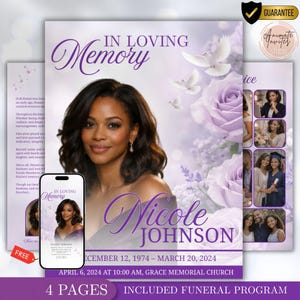 Può includere: Un programma funebre con un ritratto di donna, il nome "Nicole Johnson" e le date. Il design presenta accenti floreali viola, colombe e il testo "In Loving Memory". Uno smartphone mostra la copertina del programma.