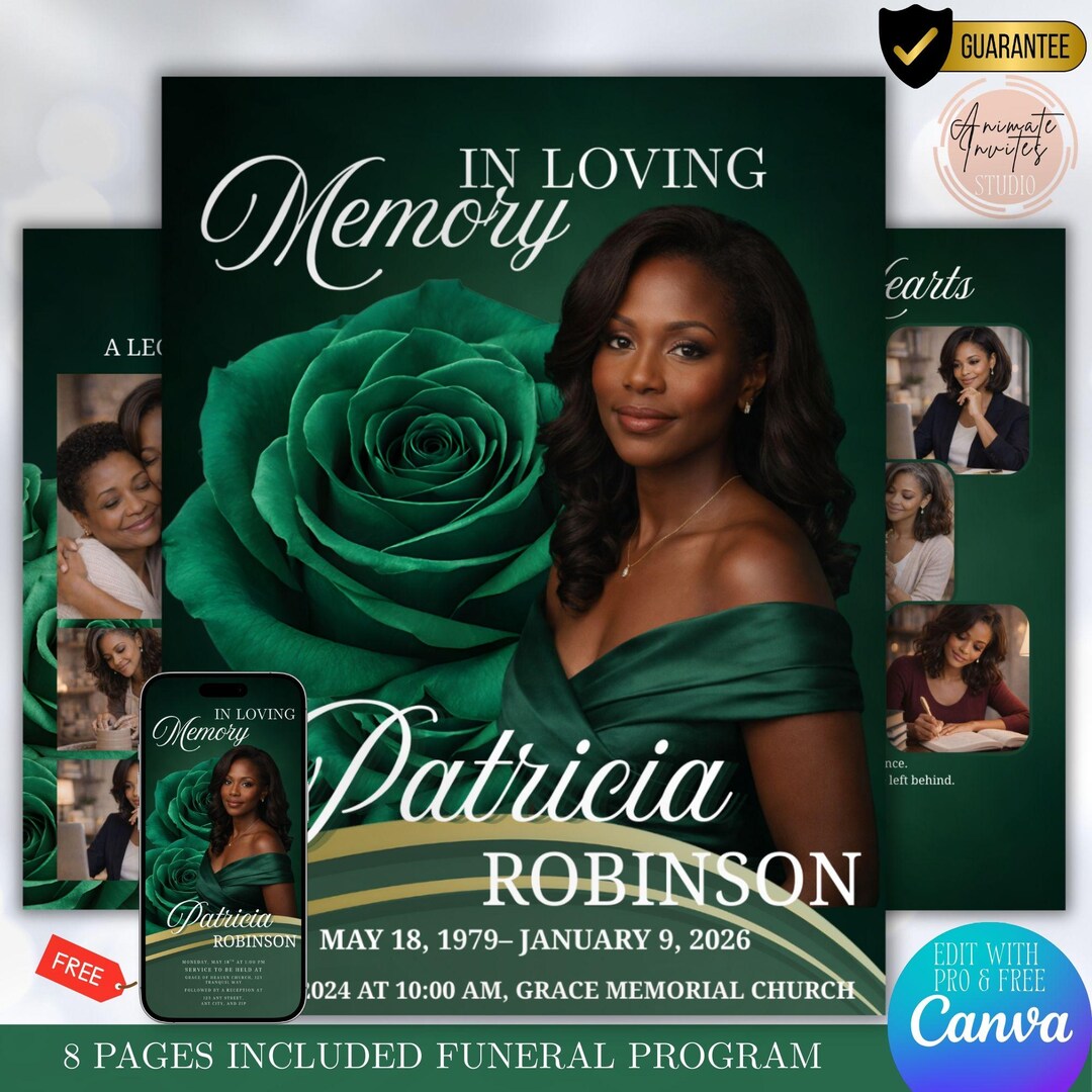 Green Roses Funeral Program Template, 8 Pages Celebration of Life ...