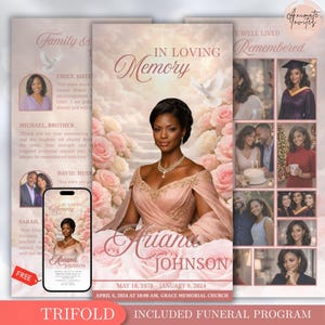 Könnte beinhalten: Eine dreifach gefaltete Trauerprogramm-Vorlage mit einem Porträt einer Person in einem rosa Kleid, umgeben von Rosen und einer Himmelsleiter. Das Design enthält den Text In Loving Memory, Ariana Johnson und die Daten 18. Mai 1978 bis 9. Januar 2024.