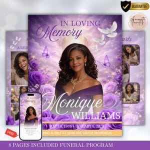 Puede incluir: Un diseño de programa fúnebre con un retrato de mujer, rodeado de rosas y mariposas moradas. El texto dice "In Loving Memory", el nombre "Monique Williams" y las fechas. El diseño incluye una maqueta de teléfono y páginas adicionales.