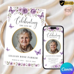Purple Butterfly Floral Funeral Program Template, Printable Announcement, Editable Canva Obituary, Celebration of Life Bi-Fold Brochure