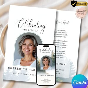 Celebration of Life, Forest Funeral Program Canva Template, Editable Order of Service, Printable Announcement, Obituary Bi-Fold Brochure