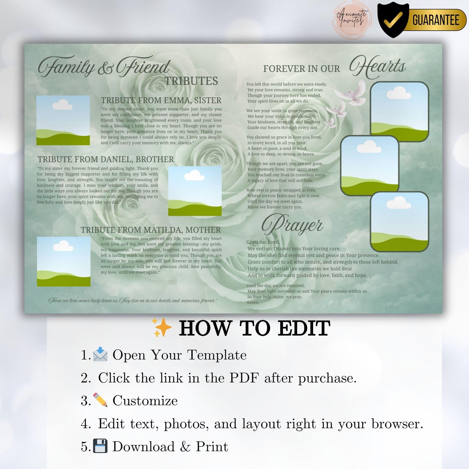 Green Roses Funeral Program Template Heaven, 8 Pages Celebration of ...