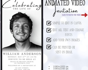 Minimalist Funeral Animated Invitation Template, Celebration of Life Digital Evite, Editable Memorial Video Invite, Electronic Card on Canva
