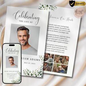 May include: A memorial card and a smartphone display a design with the text "Celebrating the Life of Liam Adams." The card features a photo, date, and floral accents. The smartphone shows a similar design.