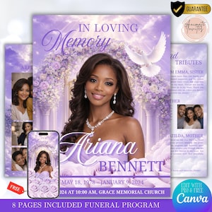 May include: A funeral program template in shades of purple, featuring a photo of a woman, Ariana Bennett, with text that reads "In Loving Memory." Includes a dove graphic and space for tributes. The program is designed with Canva.