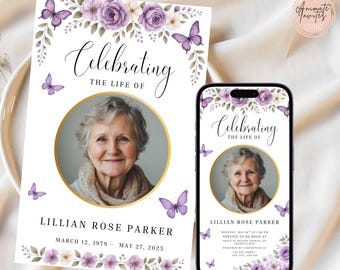 Plantilla de programa funerario con mariposas moradas y diseño floral, anuncio imprimible, obituario editable en Canva, folleto plegable para la celebración de la vida.