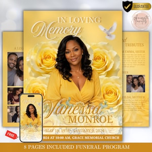 May include: A funeral program with a yellow floral background and the text "In Loving Memory." The program features a photo of a woman named Vanessa Monroe, with her birth and passing dates. A smartphone displays the program.