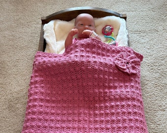 Crochet Doll Blanket, 21"x 27", Handmade Rose Pink Baby Doll Blanket, Pretty Pink Blanket