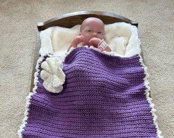 Crochet Doll Blanket, 19"x 25", Handmade Dark Purple & White Baby Doll Blanket with unique rose flower