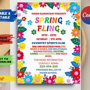 Spring Fling School Flyer Invitation, Editable Spring Fling Festival Fundraiser Template, Editable PTO PTA School Dance Event