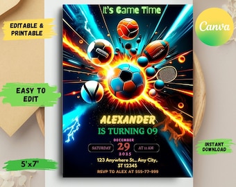 Sports Theme Birthday Invitation: Editable Template (5x7 Inches)
