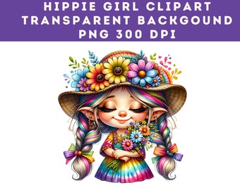 Watercolor Hippie Gnome PNG: Tie Dye Girl Clipart (Digital Download)