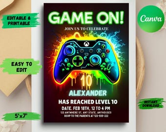 Neon Video Game Birthday Invitation Template: Editable Canva (5x7 Inches)