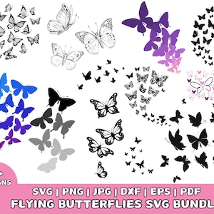 Bundle papillon papillon volant, Svg en couches, mise en page, essaim de papillons svg, Jpg, Png, silhouette de papillon