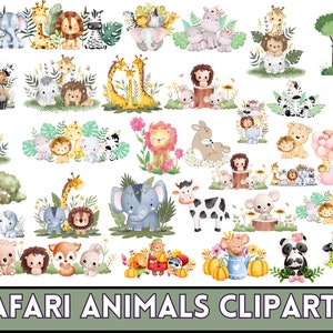 May include: A set of 30 colorful digital clipart images featuring cute safari animals, including giraffes, elephants, lions, zebras, monkeys, and more. The animals are depicted in various poses and settings, such as standing, sitting, and playing. The clipart images are perfect for creating invitations, cards, scrapbook pages, and other craft projects.