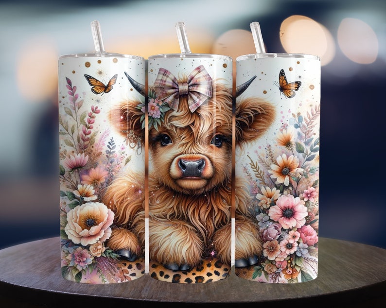 Floral Highland Cow 20oz Tumbler Wrap (PNG Download) - Etsy