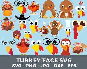 May include: A set of 18 colorful turkey face SVG cut files. The turkeys have different expressions and are perfect for crafting projects.