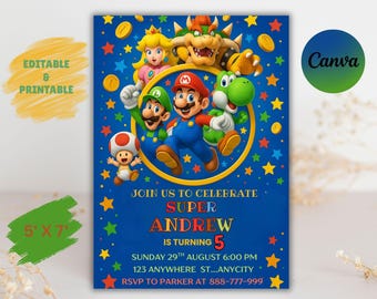 Plantilla editable de invitación de cumpleaños de Super Mario (5 x 7 pulgadas)