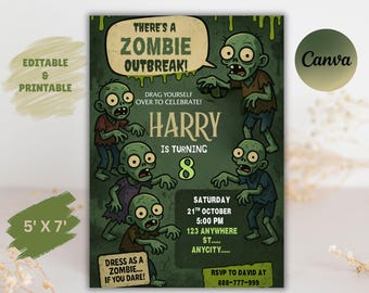 Zombie Birthday Invitation: Spook-tacular Kids Party, Canva Editable template 5 x 7 (Digital Download)