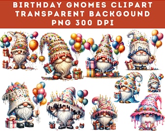 Watercolor Birthday Gnome Clipart: PNG Bundle (Digital Download)