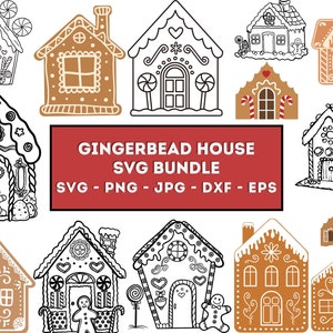 Op de afbeelding: Een set van 10 gingerbread house SVG-snijbestanden. De ontwerpen omvatten een verscheidenheid aan gingerbread houses met verschillende decoraties, waaronder snoepstokken, harten, sterren en sneeuwvlokken. De ontwerpen zijn perfect voor het maken van kerstambachten, decoraties en geschenken.