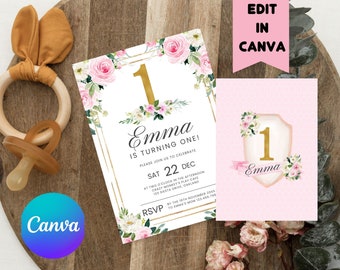 Faire-part premier anniversaire fille, invitation florale 1er anniversaire, invitation fleur d'anniversaire de fille, anniversaire fille, anniversaire garden-party