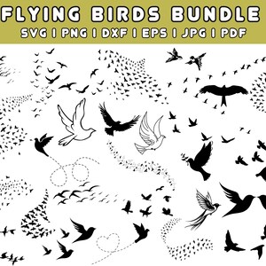Puede incluir: Una descarga digital de 20 siluetas de pájaros volando en blanco y negro. Los pájaros están en varias poses y tamaños, incluyendo bandadas de pájaros, pájaros individuales y pájaros en vuelo. La imagen incluye el texto "FLYING BIRDS BUNDLE" y "SVG | PNG | DXF | EPS | JPG | PDF".