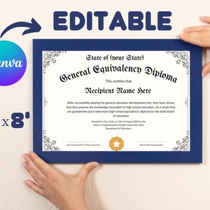 GED-Diplomzertifikatvorlage, bearbeitbares Zertifikat, Canva-Vorlage, Abschlussdiplom, Schuläquivalenzdiplom, Sofort-Download