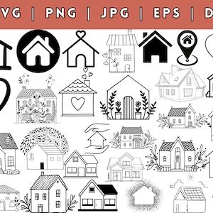 Puede incluir: Una colección de 25 ilustraciones de casas en blanco y negro en varios estilos, incluyendo contornos simples, dibujos detallados y diseños en forma de corazón. Las ilustraciones son perfectas para usar en decoración del hogar, scrapbooking o proyectos de diseño digital.