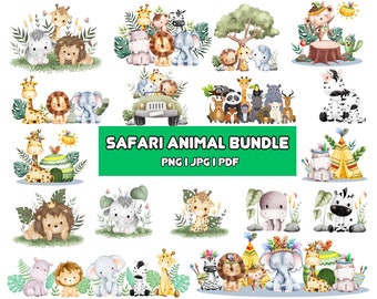 Watercolor Safari Animals Clipart: Baby Shower PNG, SVG, PDF (Digital Download)