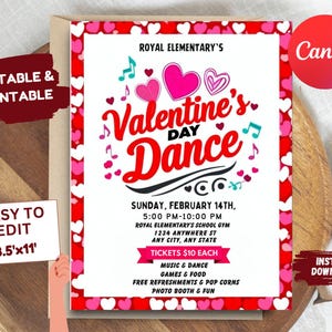 Valentinstag Schultanz Flyer, bearbeitbare Valentinstag Tanzeinladung, Sweetheart Dance Flyer Einladung, PTO PTA Kirchengemeinschaft