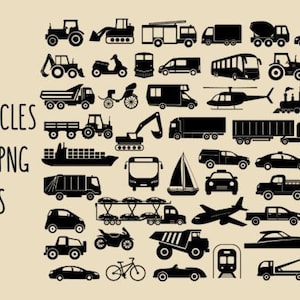 May include: A collection of 50 black silhouette icons of various vehicles, including cars, lorries, buses, aeroplanes, boats, and bicycles. The icons are arranged in a grid pattern on a light brown background.