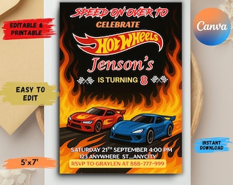 Hot Wheels Birthday Invitation: Race Car Party, Editable Template (5x7 Inches, Digital Download)