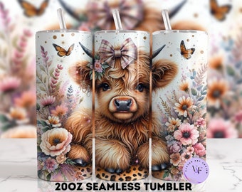 Floral Highland Cow 20oz Tumbler Wrap (PNG Download)