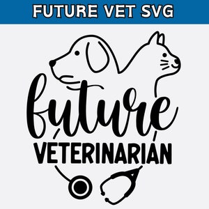 May include: Black and white illustration of a dog and cat with the text "future veterinarian" and two stethoscopes.