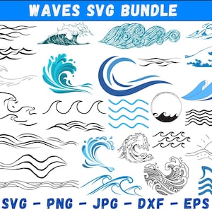 Puede incluir: Un conjunto de 20 diseños de olas SVG en negro y azul. Los diseños incluyen varios estilos de olas, desde líneas simples hasta ilustraciones detalladas. El texto "WAVES SVG BUNDLE" está en la parte superior de la imagen. El texto "SVG - PNG - JPG - DXF - EPS" está en la parte inferior de la imagen.