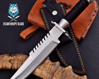 Handgemaakt D2-stalen bowiemes | Commando-filmreplica met leren schede