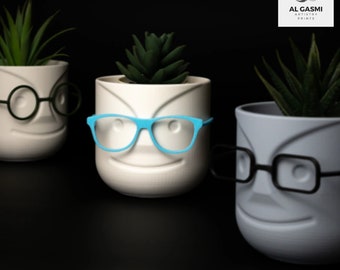Élégance Vase ludique : Tête de vase cylindrique imprimée en 3D avec lunettes, vase, vase à fleurs, décoration d'intérieur, minimaliste