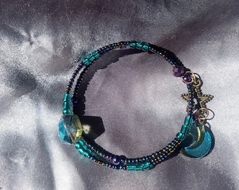 Beaded Memory Wire Bangle Bracelet with Charms