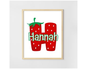 Personalized Cute Strawberry Initial Digital Wall Print for Kids Room,  Custom Kids Wall Decor