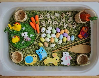 Caja sensorial, contenedor sensorial, sensorial de Pascua, sabor seguro, actividad montessori