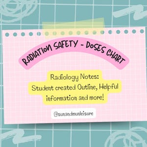 May include: A pink paper with the text "RADIATION SAFETY - DOSES CHART" in a curved pink banner. Below, yellow text boxes read "Radiology Notes: Student created Outline, Helpful information and more!" The background is teal with white grid lines.