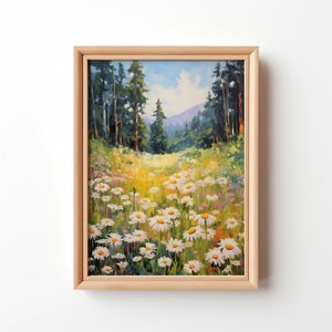 Könnte beinhalten: Ein gerahmtes Ölgemälde, das einen üppigen grünen Wald mit einem Weg darstellt, der zu einem Feld mit weißen Gänseblümchen führt. Der Himmel ist blau mit weißen Wolken.