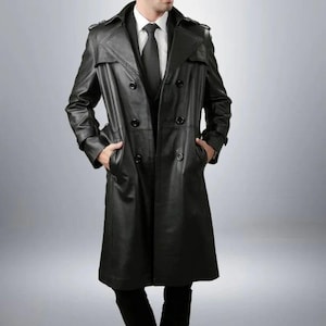 Handmade Full-Length Black Leather Trench Coat–Genuine Cowhide, Stylish Steampunk Duster, Long Vintage-Inspired Leather Coat for Men & Women